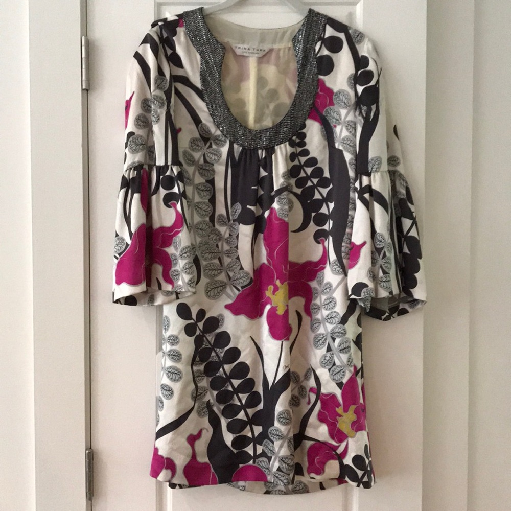 Trina Turk bell sleeve silk mini dress